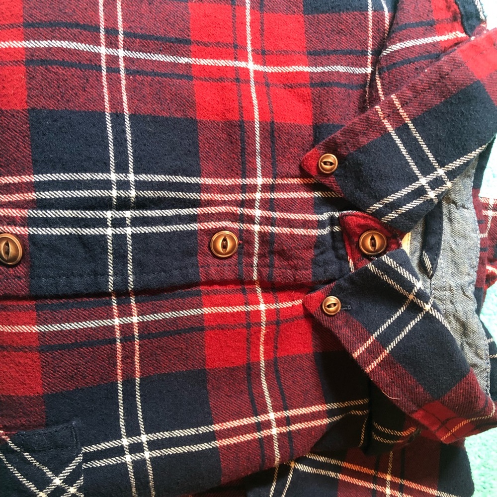 Red plaid button down shirt with blue accent cuffs. XL